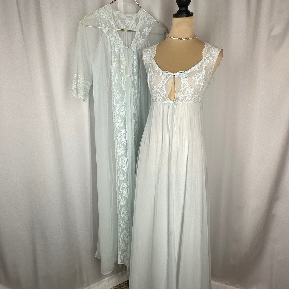 Vintage Shadowline Petite Blue Nylon Lace Peignoir Robe Gown Set XS/S USA READ